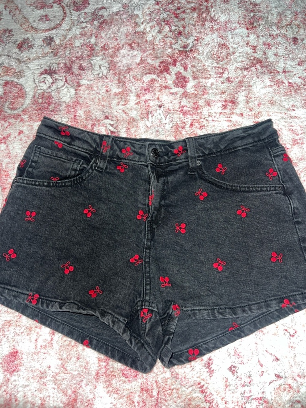 wild fable Black Denim Shorts with Red Cherry Embroidery